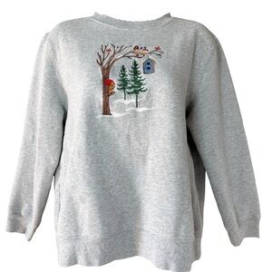Vintage Sweatshirt L Cottagecore 90s Birds Winter Scene Basic Editions